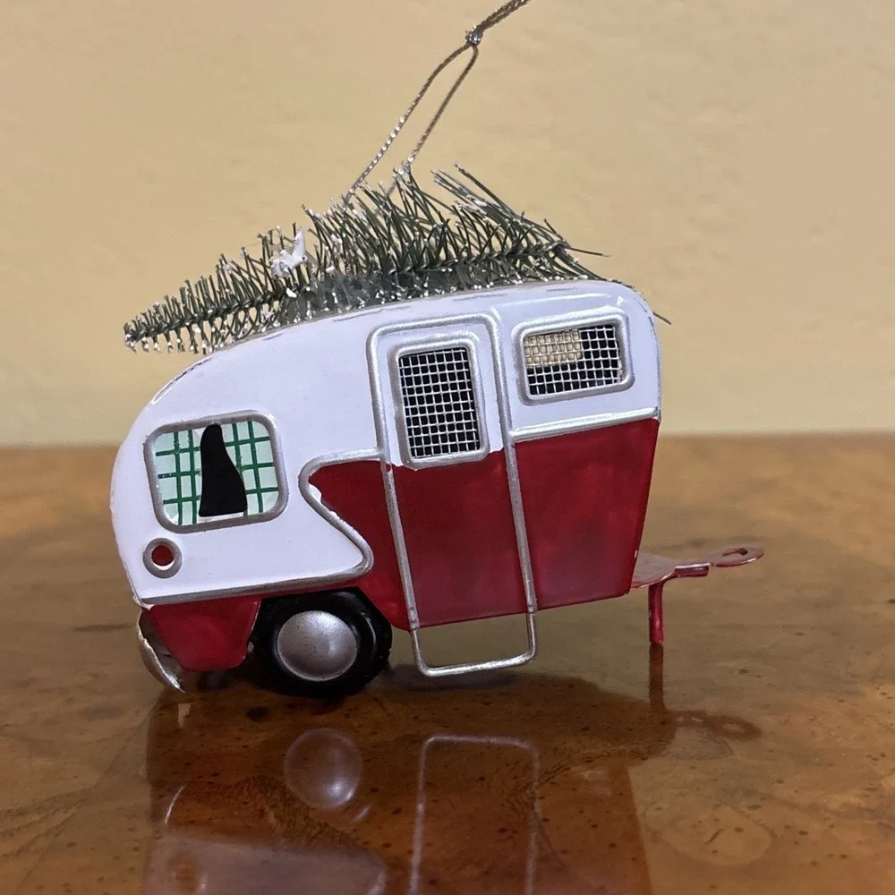 Retro Style Camper Trailer Christmas Ornament Red White Tin w/ Tree - Picture 3 of 5